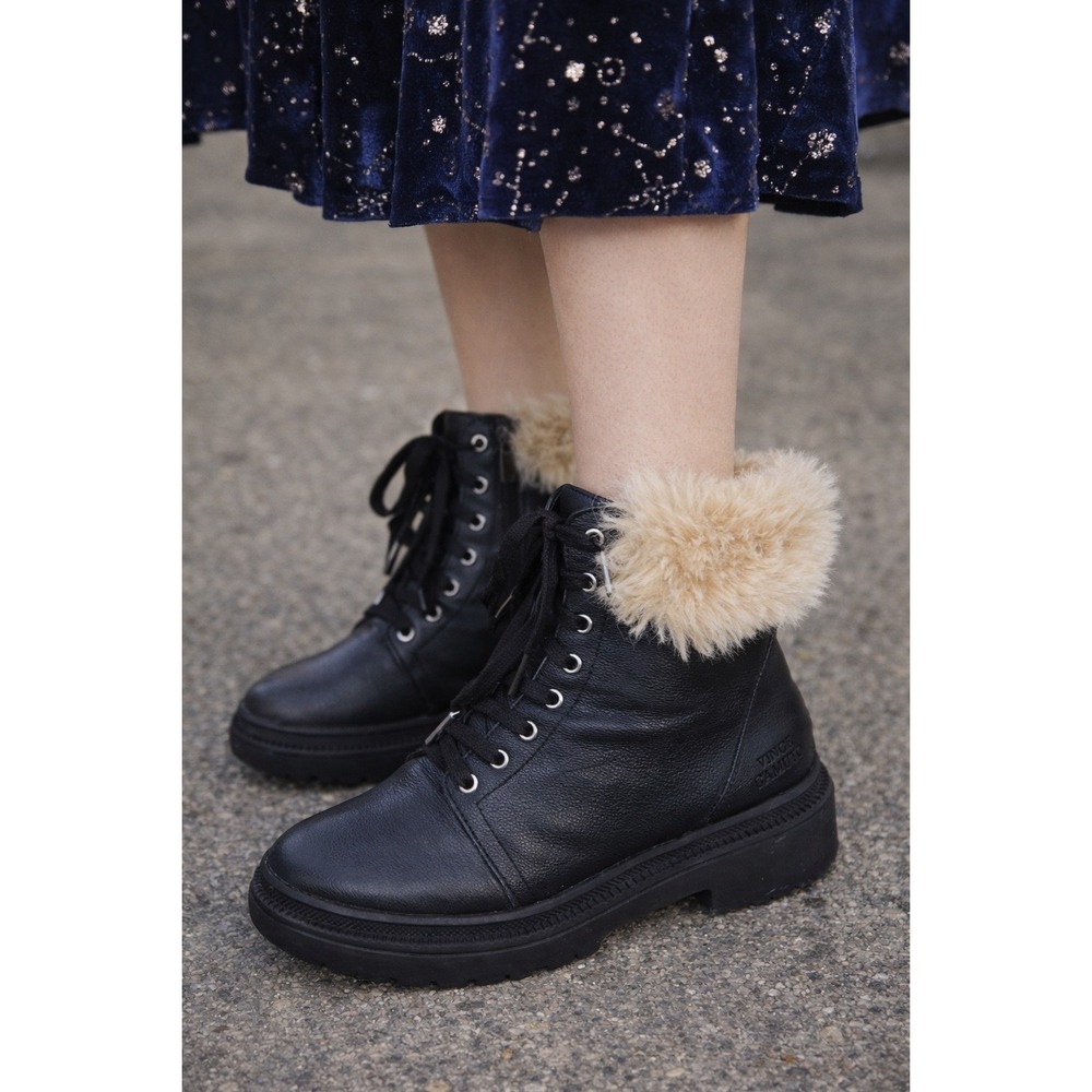 Vince Camuto‎ Kids Black Leather Faux Fur Trim Lace Up Combat Boots Side Zip